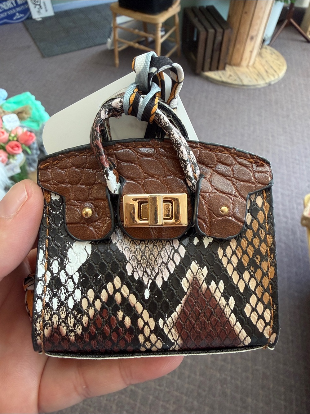 Mini Snake-Print Top-Handle Satchel in Brown